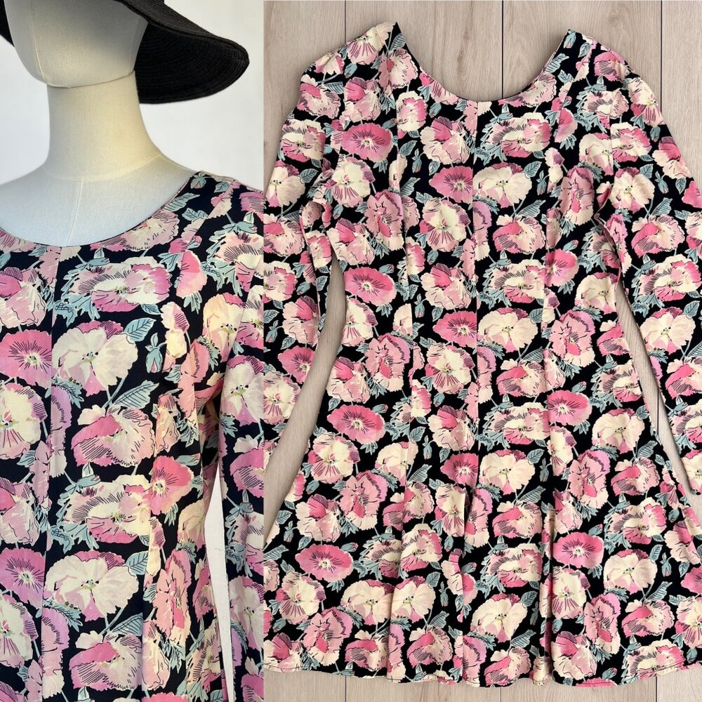 Vintage Ashley Brooke Made in USA Rayon Floral Long Sleeve Swing Dress Sz 10